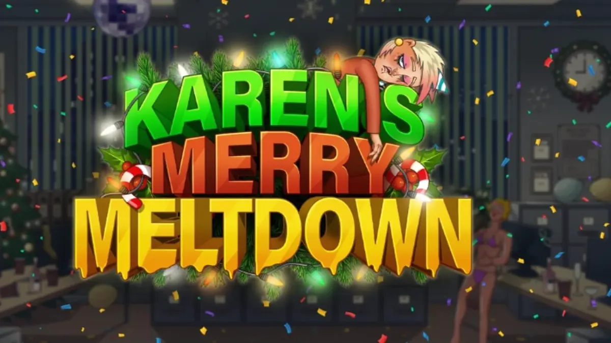 Tampilan visual slot Karen’s Merry Meltdown dengan tema pesta kantor yang kacau.
